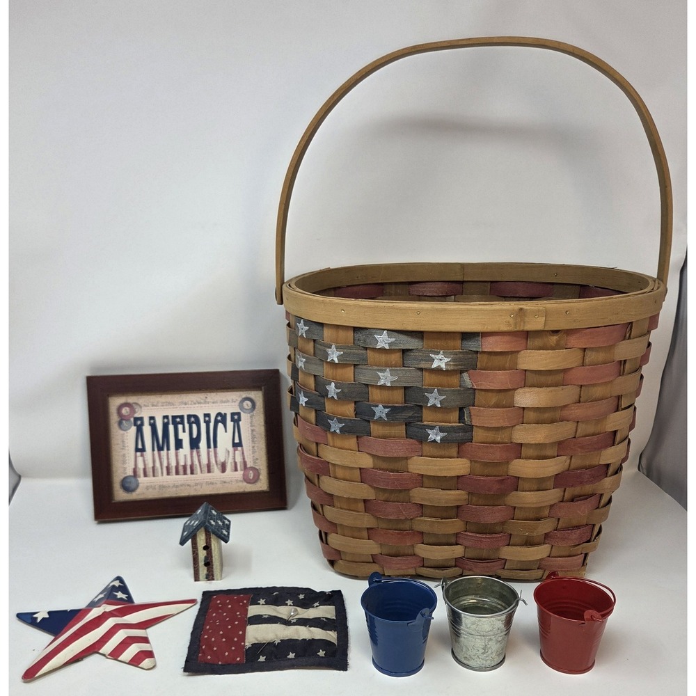 Primitive Americana Patriotic Decor Lot 7pc Basket Sign Birdhouse Star Pails